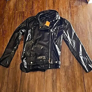 NWT Womens Pretty Little Things Black Faux Leather Oversized Moto Jacket Sz 2